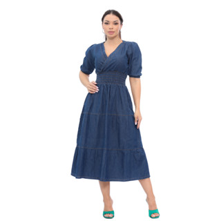 Vestido Feminino Moda Evangélica Jeans Midi Manga Bufante Plus Size Evangélicos Longo
