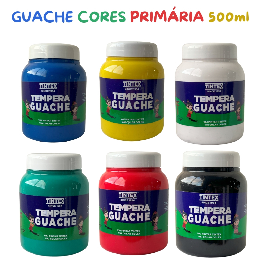 KIT de 6 Cores Primárias de Tinta Guache Escolar | TINTEX - 500ml cada frasco