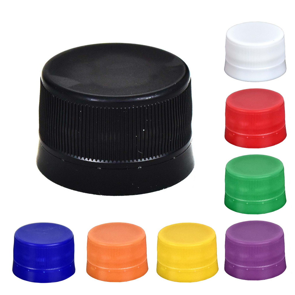 KIT COM 200 TAMPAS 28 MM COM VEDANDE E LACRE, PRETA p/ GARRAFA PLÁSTICA, PERFIL ALTO