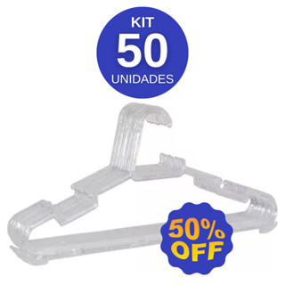 Kit 50 cabide CRISTAL transparente para roupas acrílico adulto atacado reforçado resistente barato 50 unidades