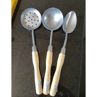 Conjunto De Talheres Culinárias Com Cabo De Madeira - Colher De Arroz / Escumadeira / Concha De Feijão - Utensílios De Cozinha Talheres