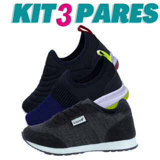 Kit 3 Pares de Tenis Infantil Calce Facil Bordado e Jogging Preto em Oferta na Shopee
