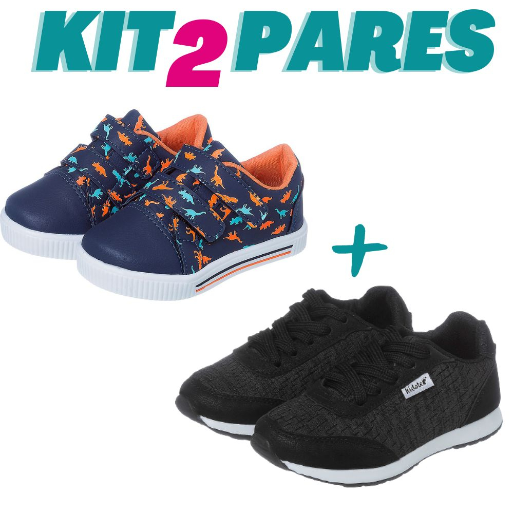 Kit 2 Pares de Tênis Infantil Escolar Dinossauro e Jogging Preto Kidstep em Oferta na Shopee