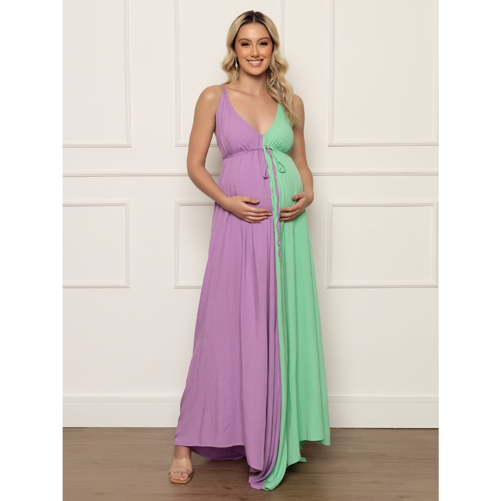 Novidade! Vestido de Grávida Para Chá Revelação Bi Color Duo Color Verde e Lilas com Bojo lindo