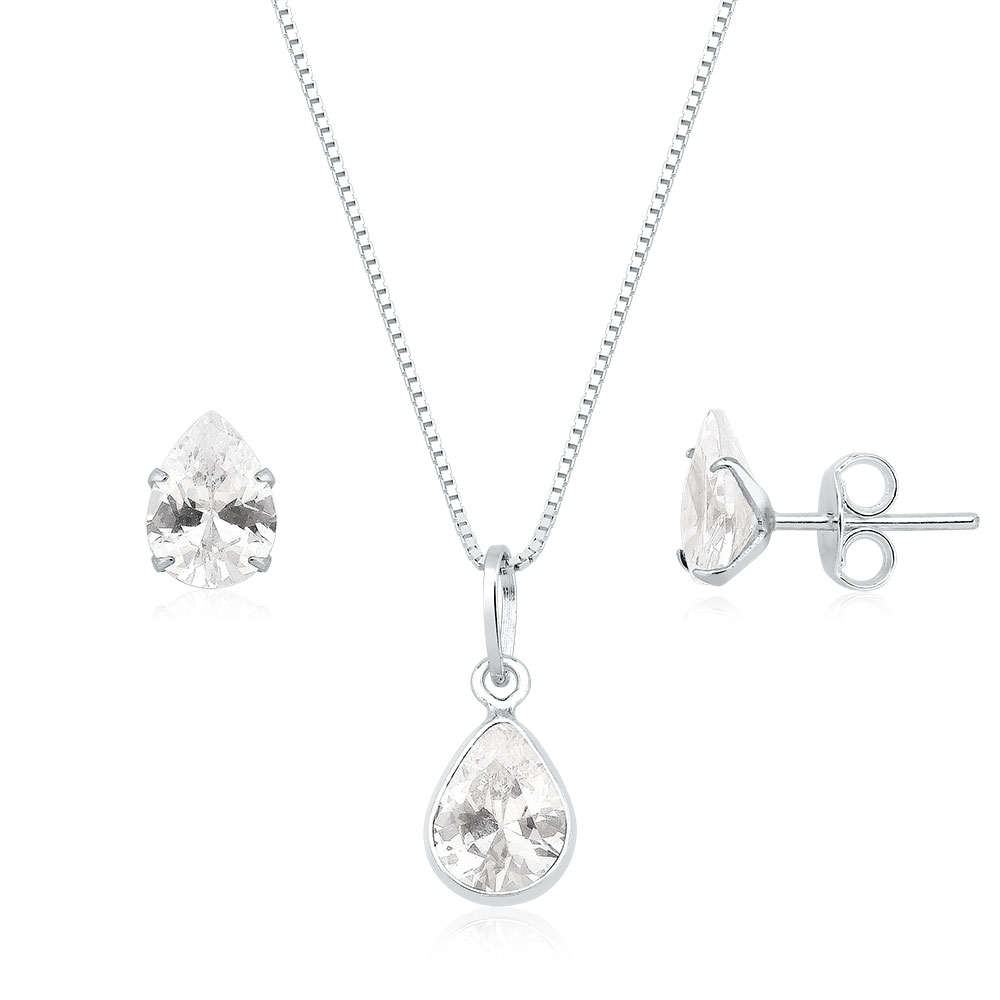 Conjunto Colar e Brinco Gota prata 925 Cristal