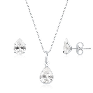 Conjunto Colar e Brinco Gota prata 925 Cristal