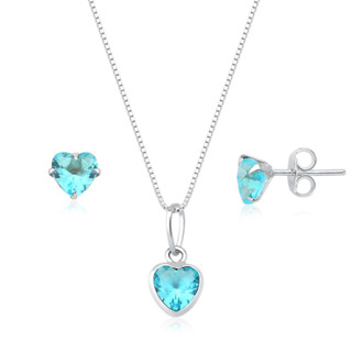 Conjunto brincos e colar coração azul claro prata 925