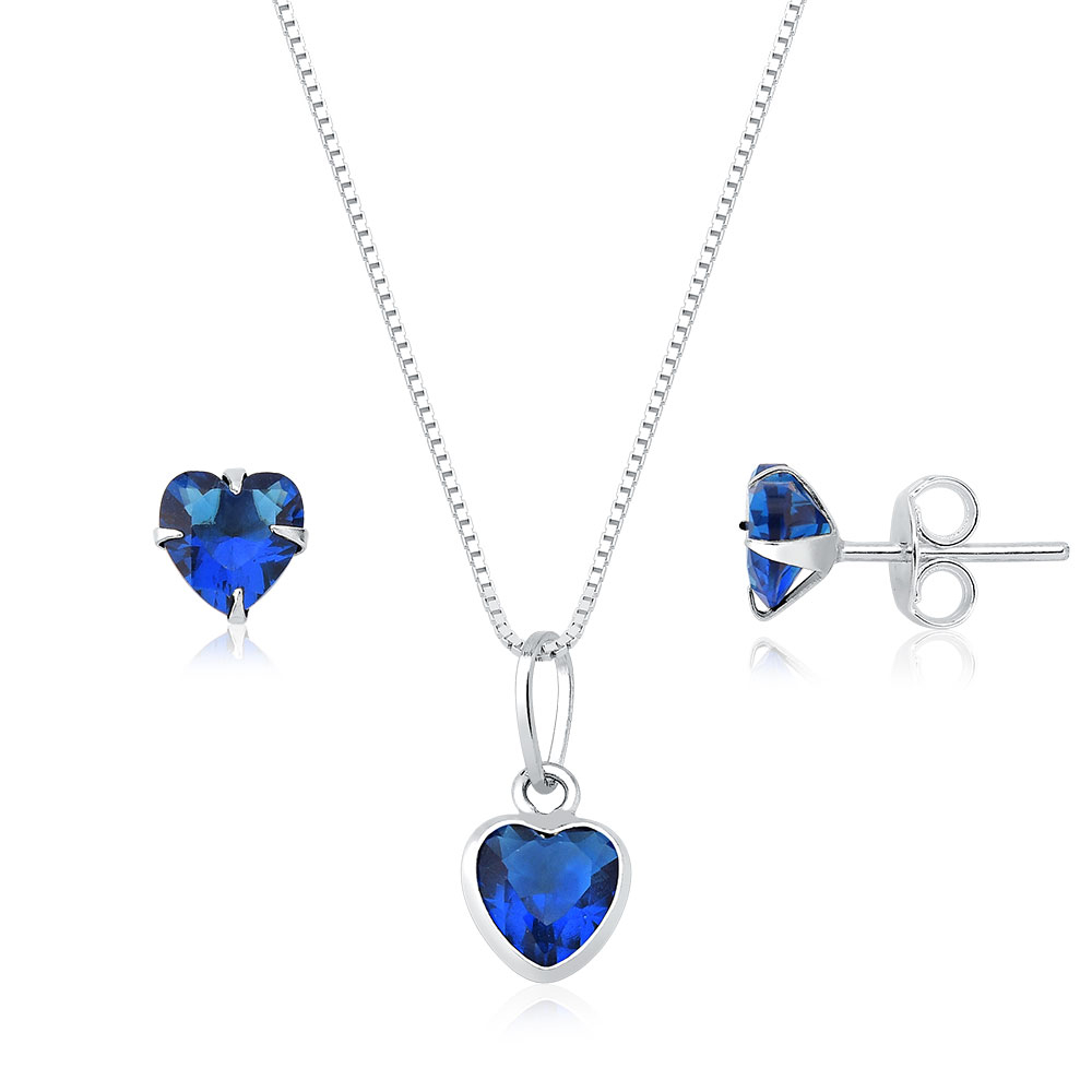 Conjunto brinco e colar prata 925 coração azul marinho 45cm em Oferta na Shopee