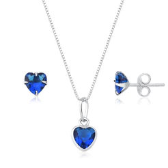 Conjunto brinco e colar prata 925 coração azul marinho 45cm