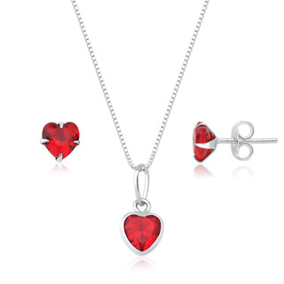 Conjunto Colar e Brinco Coração Vermelho Prata 925