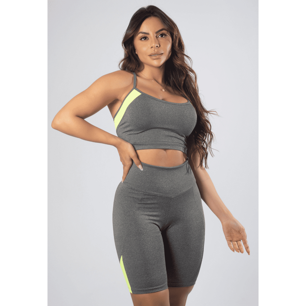 Conjunto Fitness Feminino Short Bermuda Cintura Alta Top Cropped Mescla Bojo Academia Zero Transparência