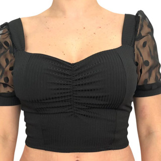 Cropped Canelado Manga Bufante Feminino Moda Primavera Verao Com Bojo Decote Fashion Promoção Black Friday