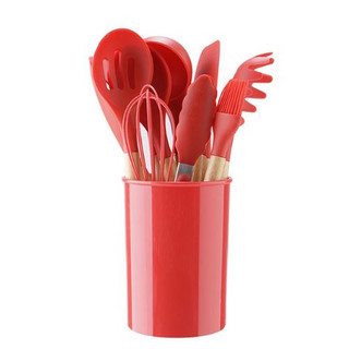 Kit 12 pçs -  Completo de Utensílios para Cozinha em Silicone Cabo de Madeira Jogo Utensílios de Cozinha em Silicone Madeira 12 Peças (Vermelho)