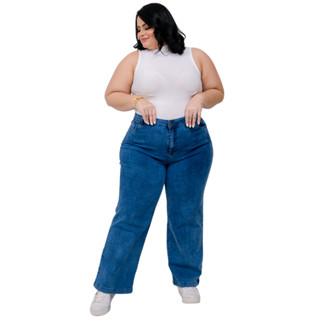 Calças Jeans Cintura Alta Plus Size Tendência Wid Leg Casual Pantalona Feminina
