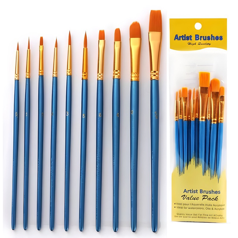 Kit com 10 Pincéis artísticos para pintura cerdas macias - Aquarela, Guache, Óleo, Acrílica, Artesanato, Facial