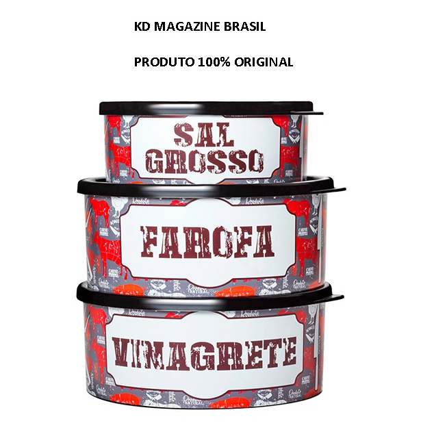 Kit Potes para Churrasco - Pote Farofa - Pote Sal Grosso - Pote Vinagrete - Estampa Exclusiva