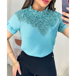 Blusa social manga curta babadinho manga e gola evangélica moda feminina MK