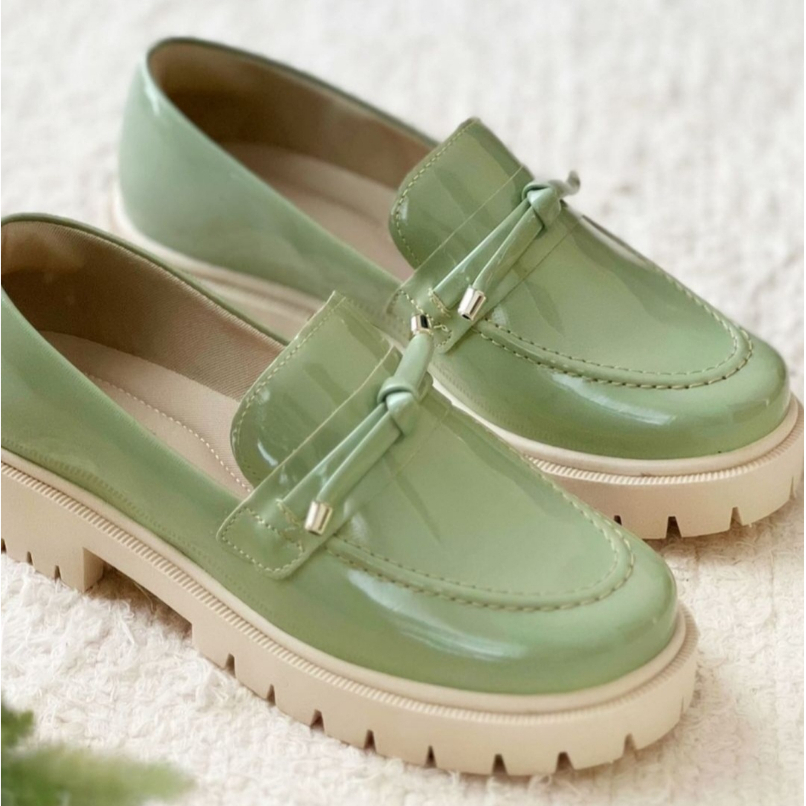 Sapato Mocassim Verniz Verde Menta Feminino Sola Tratorada Lançamento