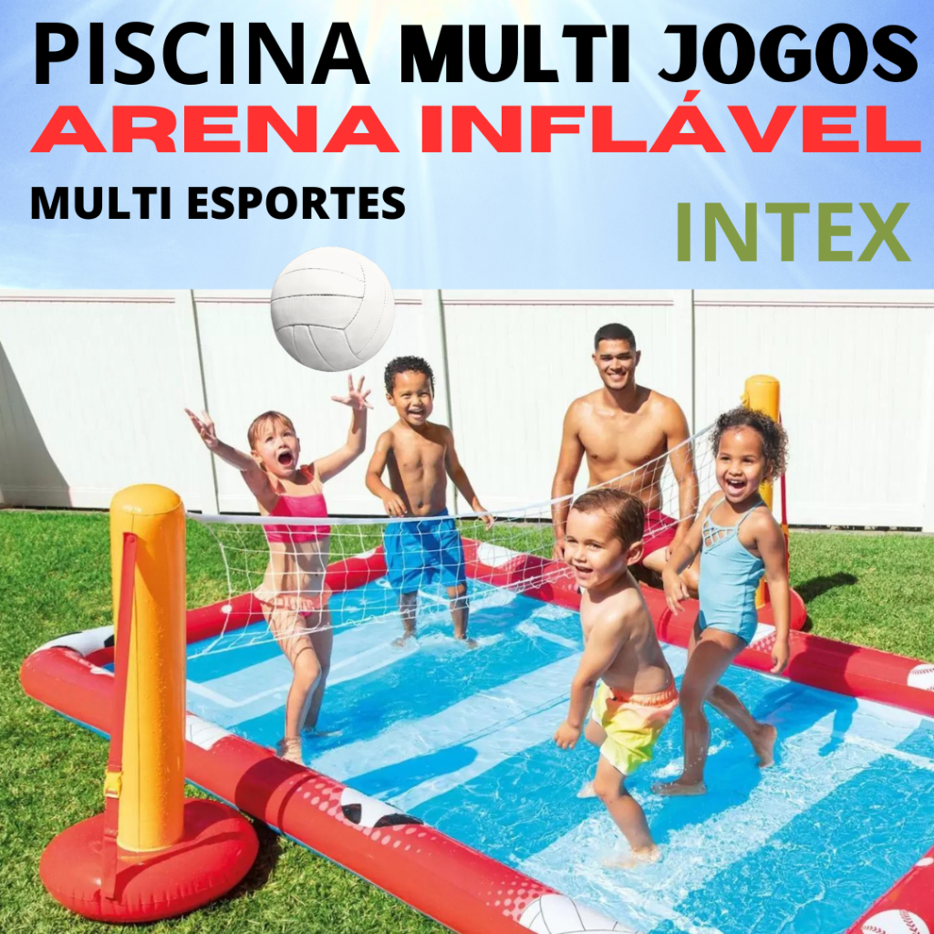 Piscina Arena Esportiva Inflável Intex | Inclui 1 bola de futebol e 2 gols; 1 conjunto de voleibol, com bola e rede; um conjunto de beisebol, com taco e bola; e uma bola de basquete.