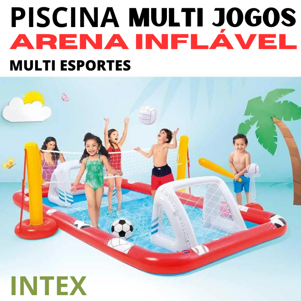 Piscina Arena Esportiva Inflável Intex | Inclui 1 bola de futebol e 2 gols; 1 conjunto de voleibol, com bola e rede; um conjunto de beisebol, com taco e bola; e uma bola de basquete.