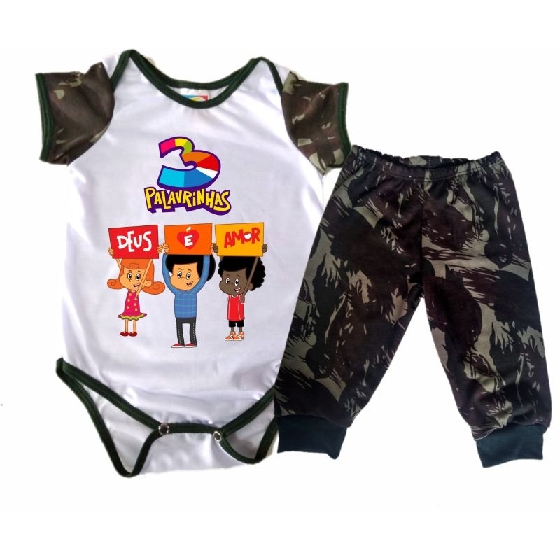 Conjunto Body Bebê Deus é Amor Camuflado com Calça Estampa Evangélica Body bebê 3 Palavrinhas