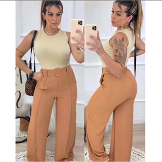 Calça Feminina Pantalona Tecido De Duna Acompanha Cinto Faixa Com Fivela Forrada E Bolsos Laterais Cintura Alta