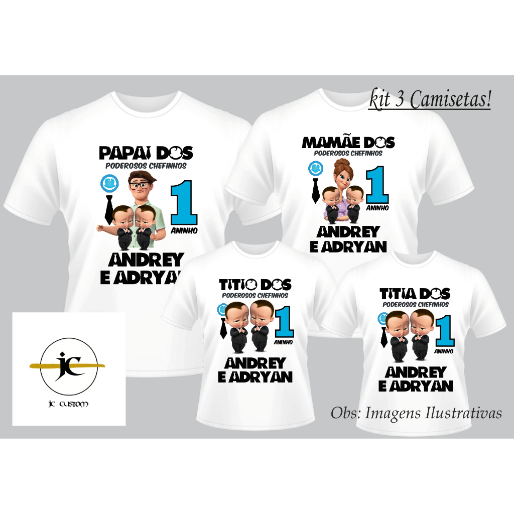 Kit 4 Camisetas Personalizadas Aniversário Tema Poderoso Chefinho Adulto e Infantil