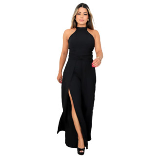 Macacão Pantalona Feminino Com Laço Em Duna Fendas Frontais