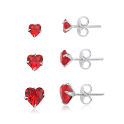 Trio de Brincos Coração Vermelho Prata 925