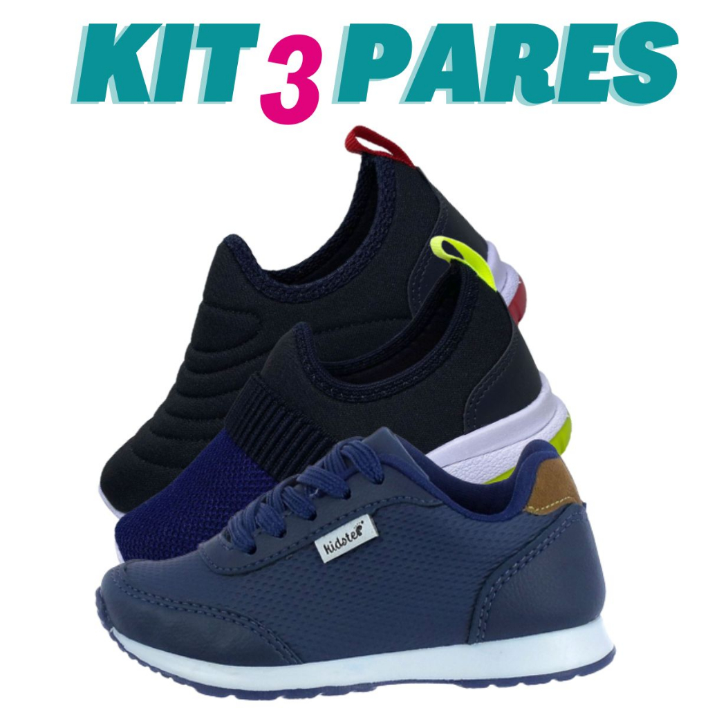 Kit 3 Pares de Tenis Infantil Calce Facil Bordado e Jogging Marinho Kidstep em Oferta na Shopee