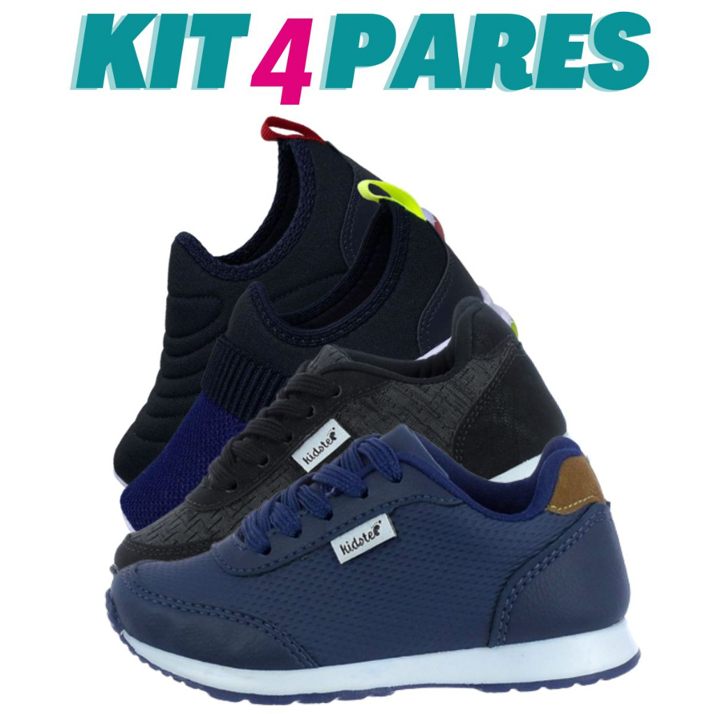 Kit 4 Pares de Tenis Infantil Masculino Calce Facil e Jogging Escolar Kidstep em Oferta na Shopee