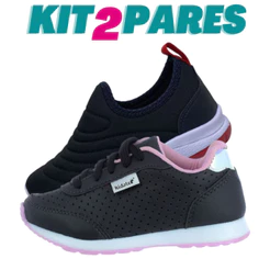 Kit 2 Pares de Tênis Infantil Feminino Escolar Preto e Calce Facil Bordado Kidstep