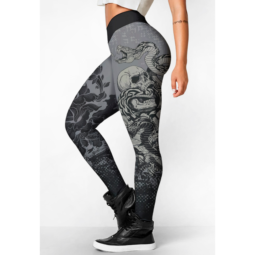 legging estampada caveira floral florida rock metal academia feminina fitness