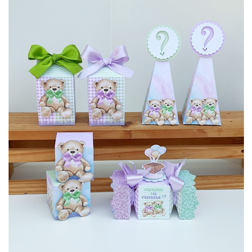 Kit de caixinhas personalizadas, , lembrancinhas, decoração Kit de festa aniversário Chá revelação verde e lilás