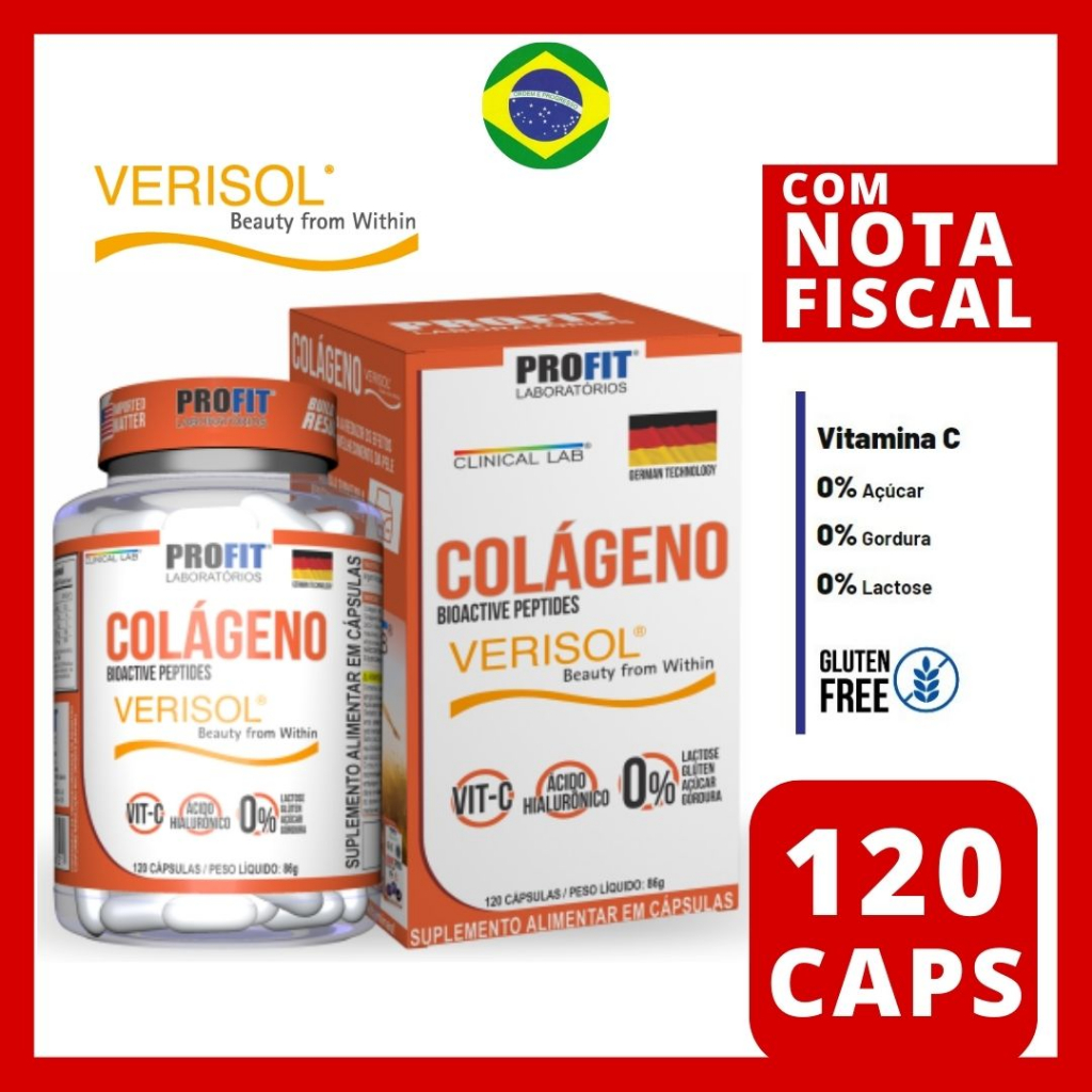 Colágeno Verisol Com Ácido Hialurônico + Vitamina C - 120 Cápsulas Profit Labs Original