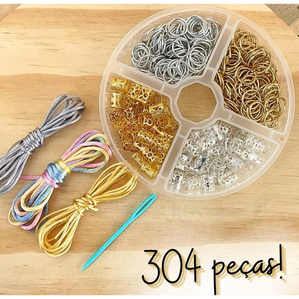 Acessórios para Trança Enfeite Tererê  Kit Anéis Argolinhas Agulha Passa Fio Rabo de Rato Fio de Cetim Pingente Brilho Penteado Cabelo Cacheado Barbante Fita
