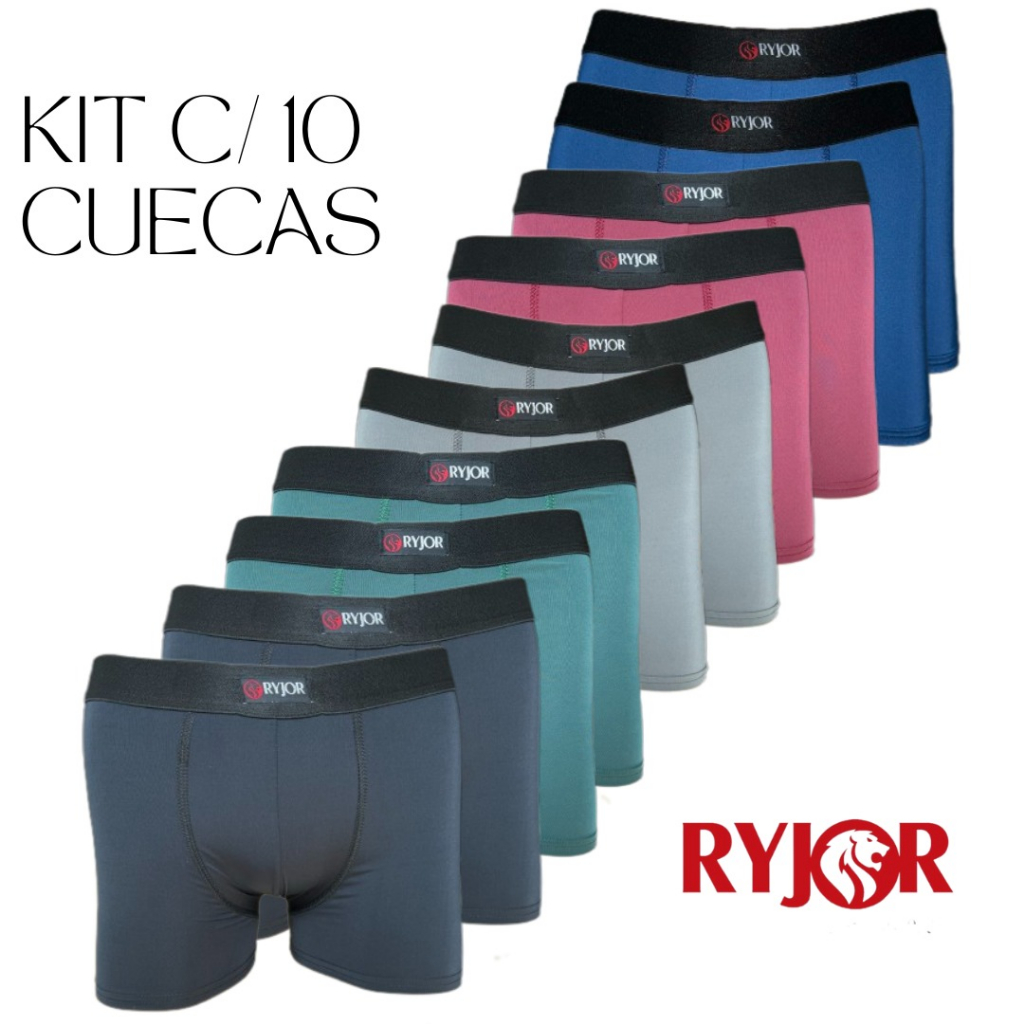 Kit 10 Cuecas Boxer Box Adulto Microfibra e Forro de Algodão Premium Lisa Boxer Ryjor