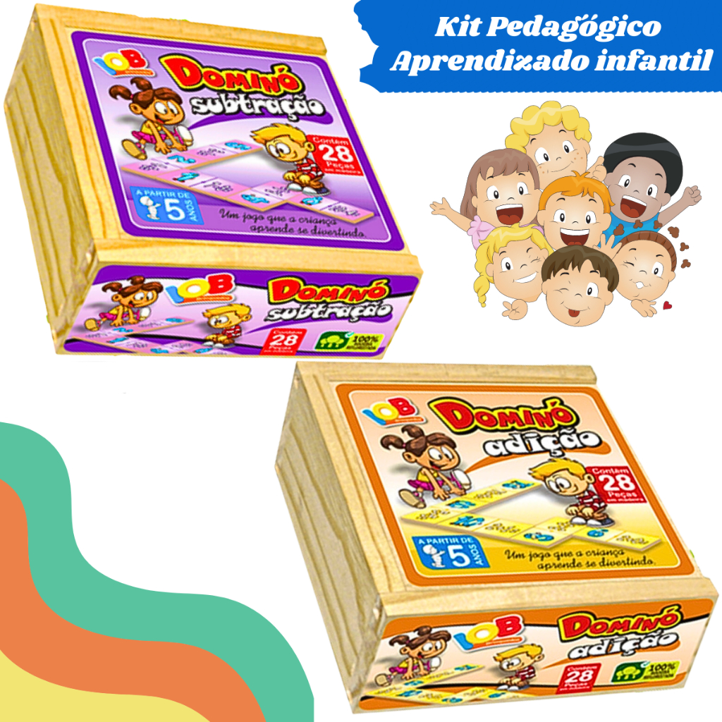 Kit 2 Jogos Dominó Madeira Aprendizado Infantil Pedagógico Aprendendo Matemática Subtração Adição Escolar Brinquedos Presente Aniversário Natal Dia das Crianças