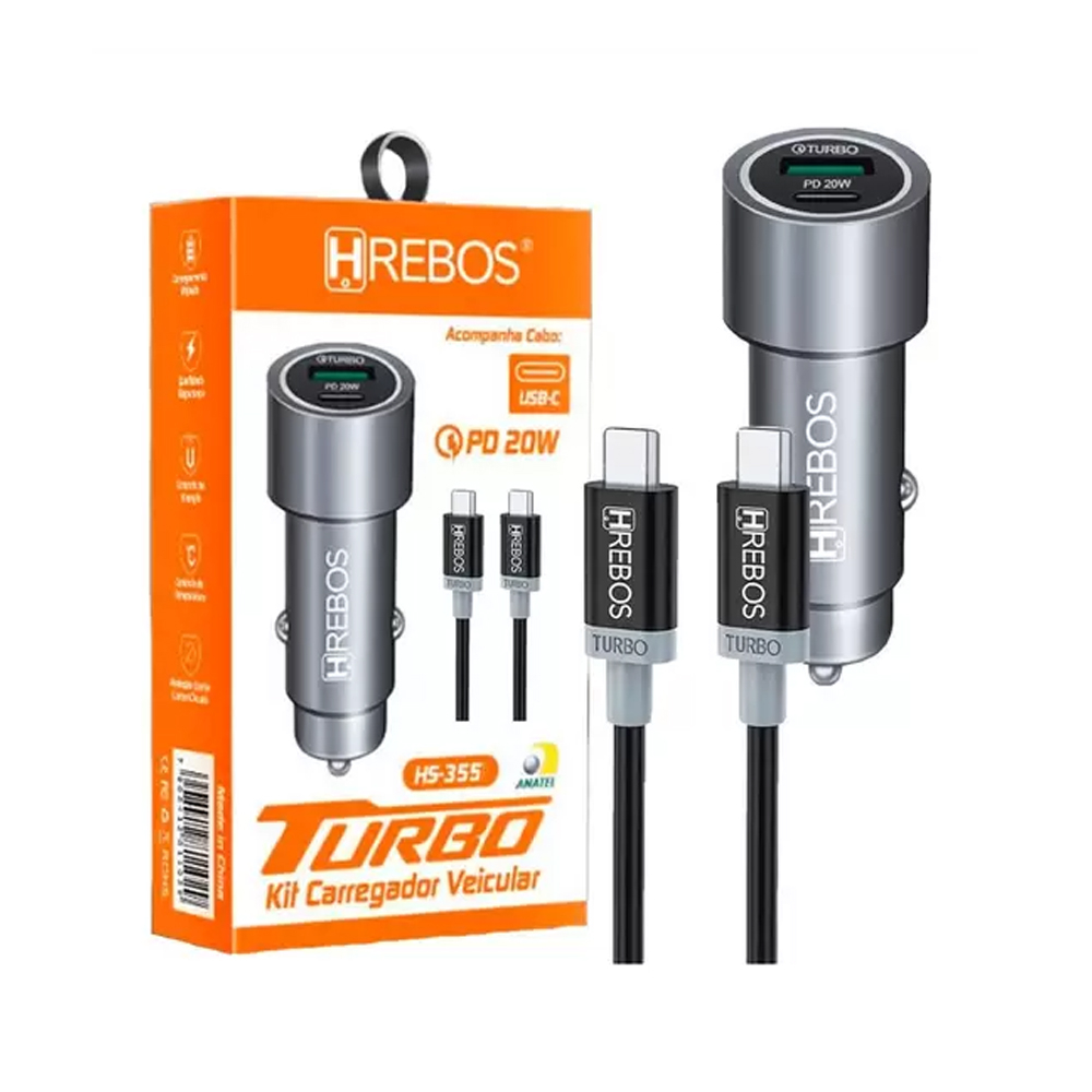 Carregador Veicular Tipo-C Turbo 20w HRebos HS-355c + USB com cabo de Tipo-C