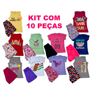 KIT 10 PEÇAS DE 5 CAMISETAS/REGATAS E 5 BERMUDAS VERÃO 100% ALGODÃO MENINAS