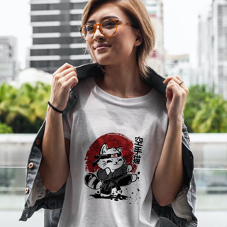 Camiseta Gato Kung Fu Carateca Poliéster Camisa Branca Casual