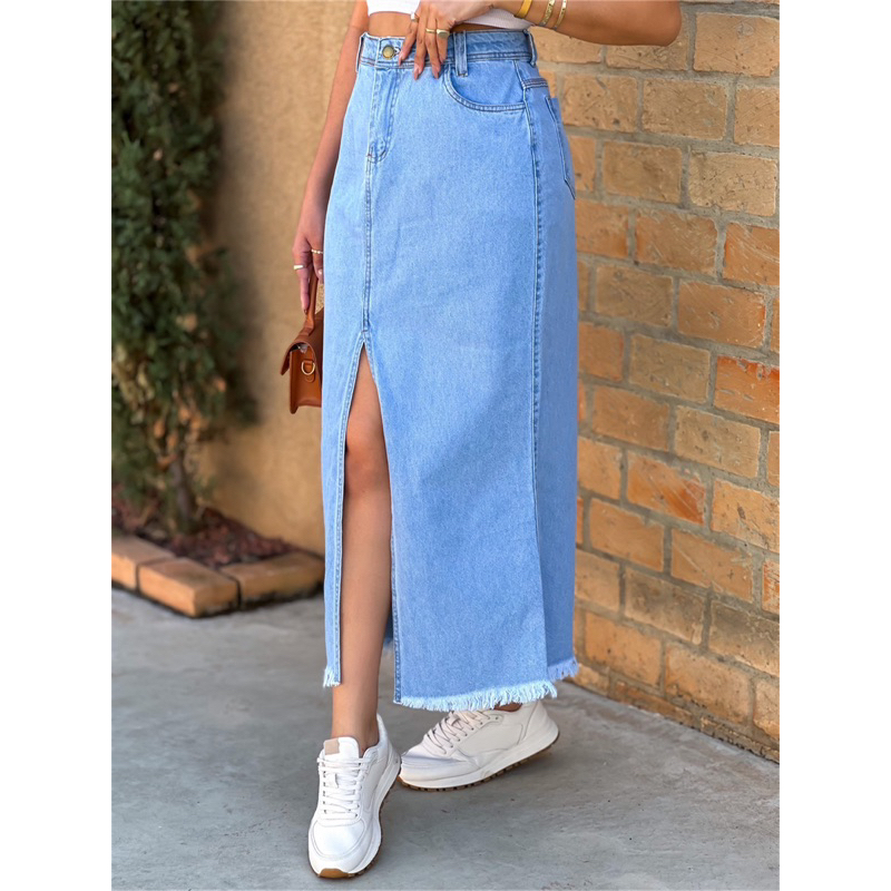 Saia Jeans Midi Cintura Alta Moda 8100 em Oferta na Shopee