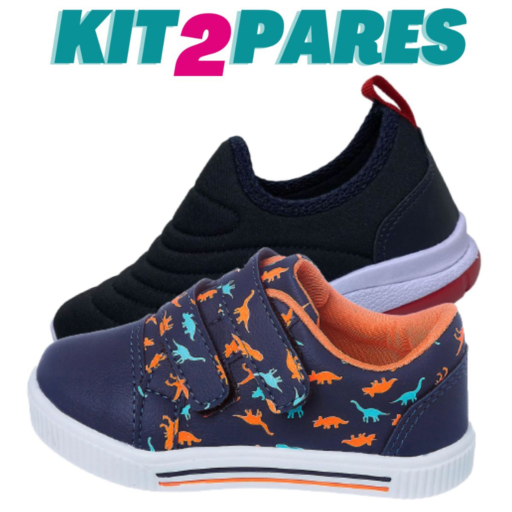 Kit 2 Pares de Tenis Infantil Masculino Dinossauro e Calce facil Bordado em Oferta na Shopee