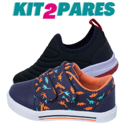 Kit 2 Pares de Tenis Infantil Masculino Dinossauro e Calce facil Bordado