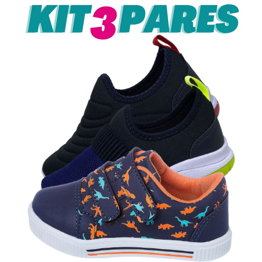 Kit 3 Pares de Tenis Infantil Masculino Dinossauro e Calce facil Kidstep em Oferta na Shopee