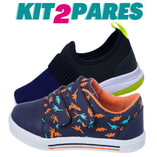Kit 2 Pares de Tenis Infantil Masculino Dinossauro e Calce facil Preto Marinho em Oferta na Shopee