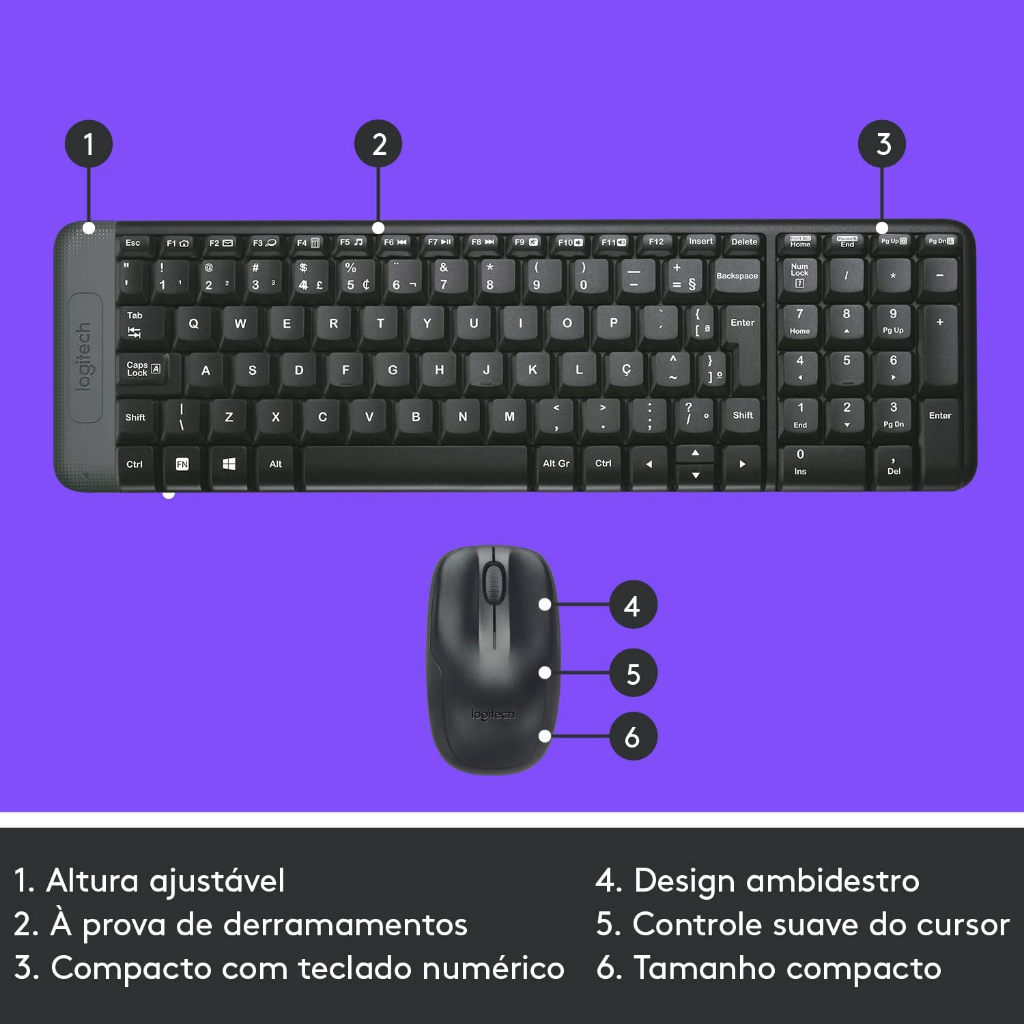 Kit Teclado e Mouse Combo LOGITECH Mk220 - Wireless - Sem Fio - Pilhas Inclusas e Layout ABNT2