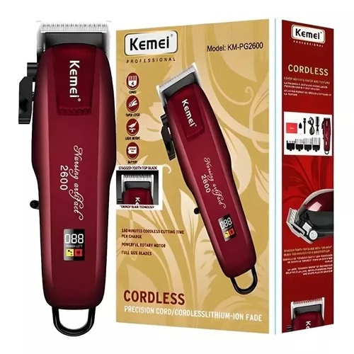 Maquina De Corte, Profissional, Cordless, Vinho, Kemei, Cabelo E Barba, Bivolt, 6000rpm, Sem Fio, Com Display, KMPG 2600