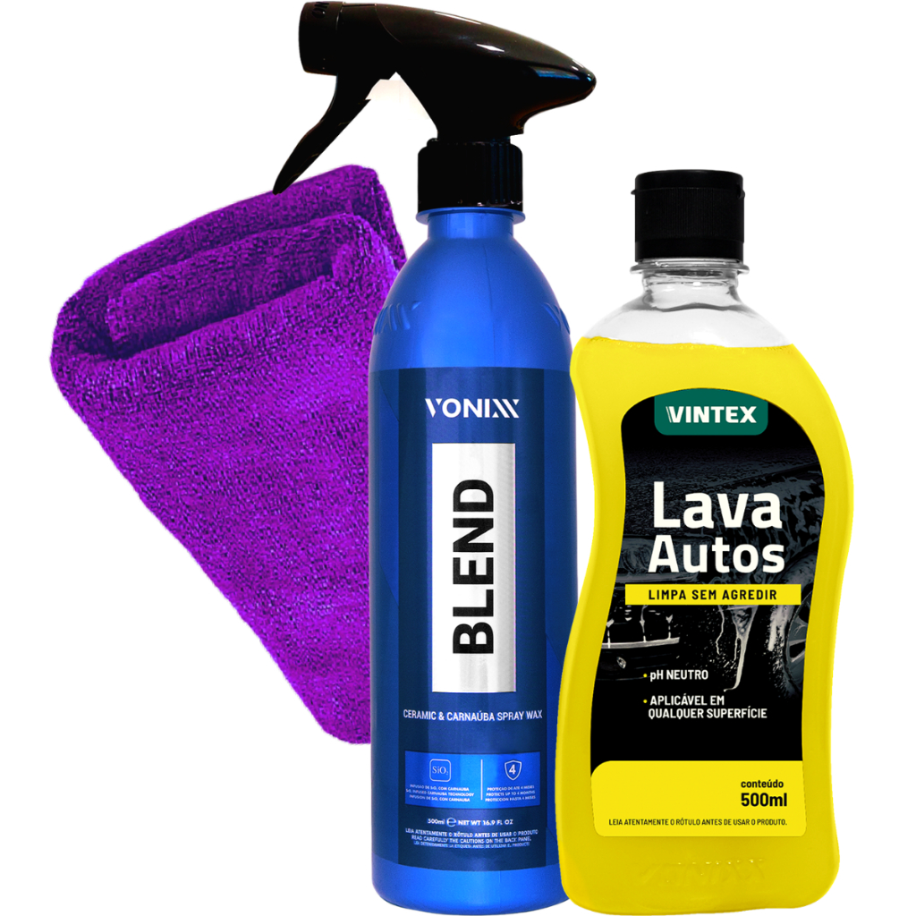 Kit Cera Carnaúba com Silica Blend Spray + Lava Autos 500ml + Pano de Microfibra 40x40cm