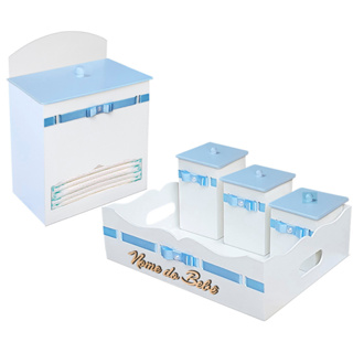 Kit Porta Fralda e Cesta com Trio de Potes Branco e Azul Personalizado com nome em Oferta na Shopee